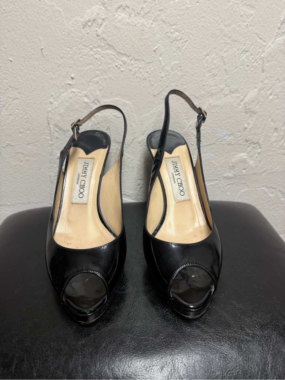 Jimmy Choo Black Patent Leather Peep-Toe Slingback Heels - Picture 3 of 15